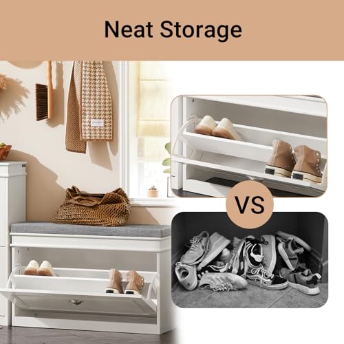 SoBuy Small Shoe Storage Bench, Narrow Shoe Cabinet for Entryway, Shoe Rack with Cushion&2 Tiers Flip-Drawer, Closet Hallway Mudroom White FSR82-L-W - color: White, size: 1 Drawer (L)