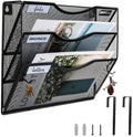 BOHDK Wall File Organizer, 3 Tire Hanging File Folder Mail Organizer, Vertical Mesh Metal Door/Wall Mount Hanging File Holder, Paper Document Magazine Rack with Hooks for Home Office Black