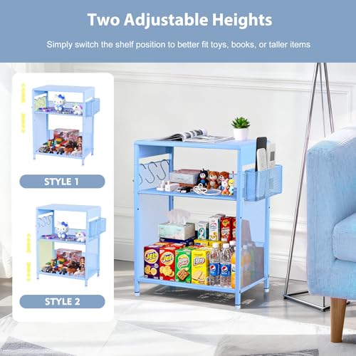 ECOLOVI Kids Nightstand 19in High for Floor Beds, 3-Tier Metal Small Bedside Table with Adjustable Storage Shelf, Basket & 3 S-Hooks, Low Nightstand for Nursery, Toddler Bedroom (Blue) - color: Blue