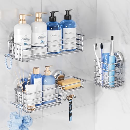 TAILI Shower Caddy Suction Cup, 3 Pack Shelves for Inside with Hooks & Soap holder Toothbrush Cups, Removable Bathroom Organizer, Rustproof Silver Holder Storage-Silver - style: 3×Silver