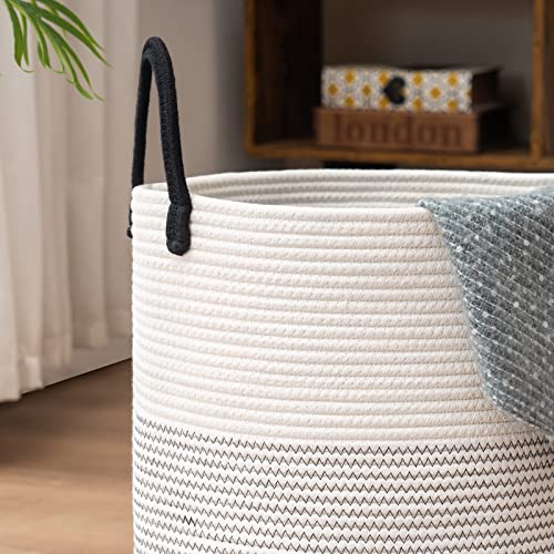 Woven Rope Laundry Hamper Basket by YOUDENOVA, Tall Luandry Basket, Baby Nursery Hamper for Blanket Storage, Clothes Hamper for Laundry in Bedroom-Large-(Dark White, 58L) - color: White&Black, size: Tall (58L )