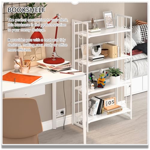 4NM No Assembly 4 Tiers Folding Bookshelf, 47.2" H Foldable Storage Shelves Vintage Bookcase Standing Racks Study Organizer Home Office - All White - color: All White, size: 4-Tier