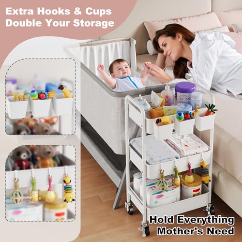Diaper Cart Organizer with Wheels, 3 Tier Rolling Bedside Cart for Baby Essentials, Baby Organizers and Storage Diaper Caddy Carts for Changing Table, Crib, Bedroom, Newborn Nursery Supplies, White - color: White, size: 3-Tier + Cups + Hooks