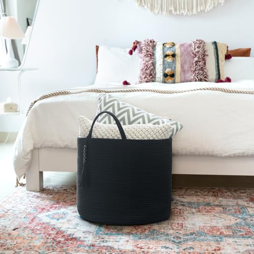 Mkono Woven Storage Basket Decorative Natural Rope Basket Wooden Bead Decoration for Blankets,Toys,Clothes,Shoes,Plant Organizer Bin with Handles Living Room Home Decor, 16" W×13.8" L, Black - color: Black, size: 16" W × 13.8"L