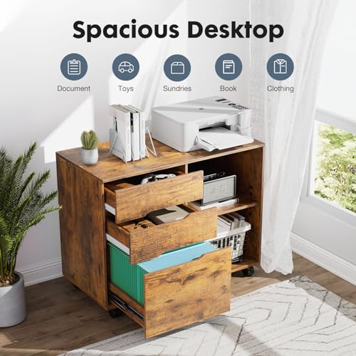 DUMOS Lateral File Cabinet with 3 Drawers Rolling Filing Cabinets Under Desk Storage Printer Stand Wood Organizer with Wheels Adjustable Shelf for Office Home Small Space, Brown - color: Vintage Brown