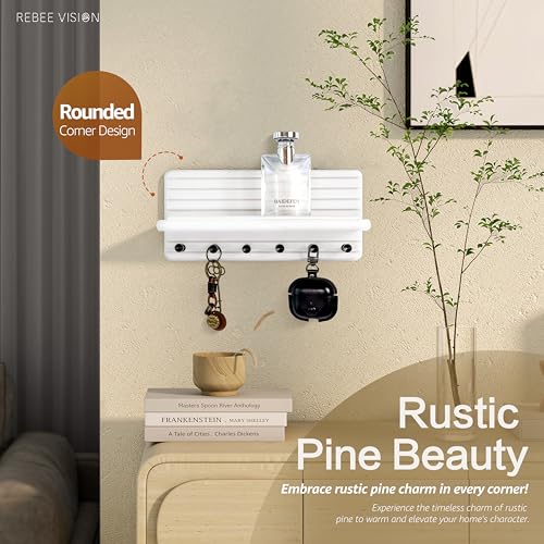 Rebee Vision Decorative Key Holder Wall Mount for Home Organization – 11-inch Pine Wooden Key Holder for Wall with 6 Hooks & Floating Shelf - Modern Farmhouse Home Decor (White) - color: White, size: Medium-11inch