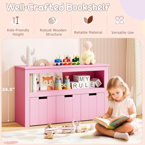 GLACER Toy Storage Organizer, Wooden Montessori Shelf with 3 Movable Drawers, Hidden Wheels, Toy Box for Boys and Girls, Kids Storage Organizer for Playroom, Nursery, Kindergarten, Living Room (Pink) - color: Pink
