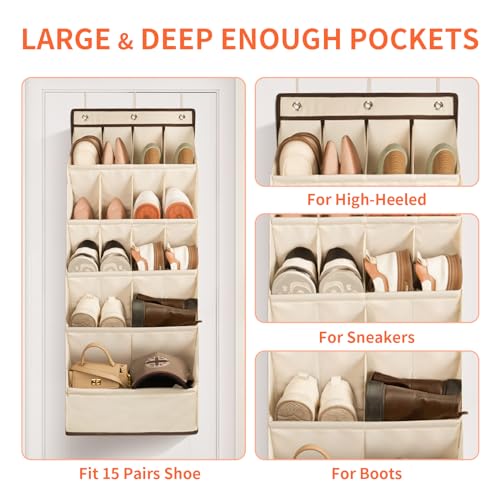FENTEC 1 Pack Over the Door Shoe Organizers, Hanging Shoe Organizer with Large Deep Pocket Shoe Holder for Closet Shoes Rack for Wall, Over Door Shoe Storage Hold up to 18 Pairs Shoes, Beige - color: BEIGE-(18+ Pairs), size: 1 Pack