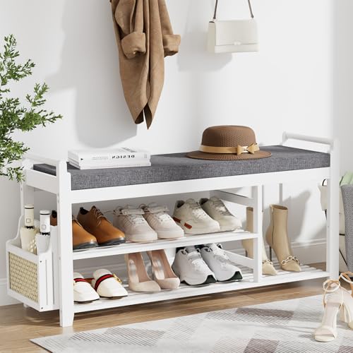 Homaxy 2-Tier Shoe Rack Bench with Side Holder, 39.4 in Bamboo Entryway Bench, Shoe Rack Organizer with Cushion for Front Entrance, Hallway Living Room Bedroom, White and Dark Grey - color: White and Dark Grey, size: 39.4 in