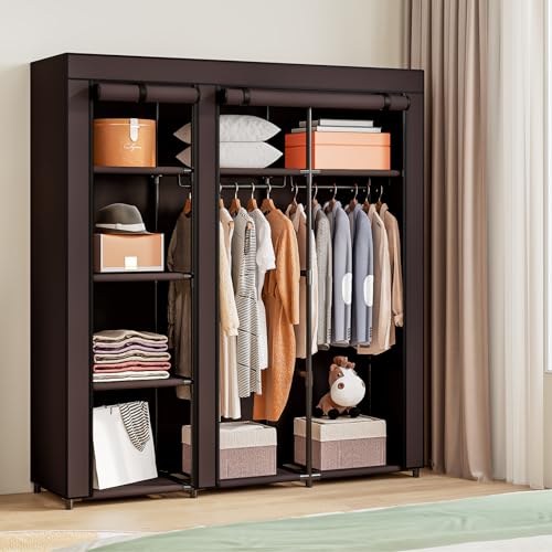 SORCEDAS Portable Wardrobe Closet Storage Organizer Metal Hanging Rack Non-Woven Fabric (Coffee, 51 Inch) - color: Coffee, size: 51 Inch