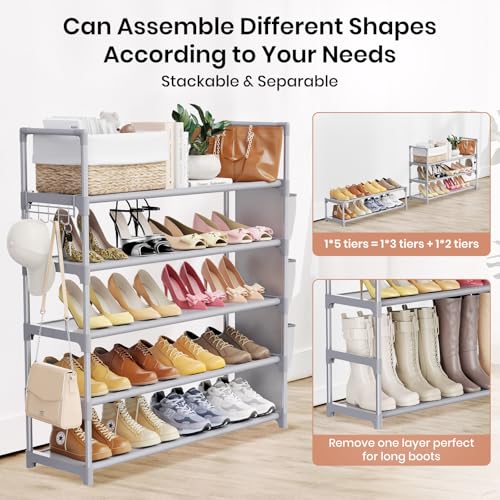 VILICK Shoe Rack for Closet Shoe Organizer Space Saver Storage for 20-25 Pair Shoe Shelf with Hook and Side Pocket Free Standing 5 Tier Shoe Rack Organizer for Entryway,Small Spaces, Grey - color: Grey, size: 33.5"W - 5 Tier