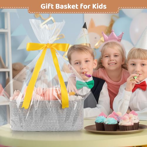 OIASKET Large Empty Gift Baskets for Baby Shower, 16.5" L x 12.6" W x 7" H Cute Woven Storage Basket with Gift Bags and Ribbons, Small Rope Toy Basket with Handles, Cat Dog Pet Toy Organizer - Grey - color: Grey, size: Large: 16.5"L x 12.6"W x 7"H