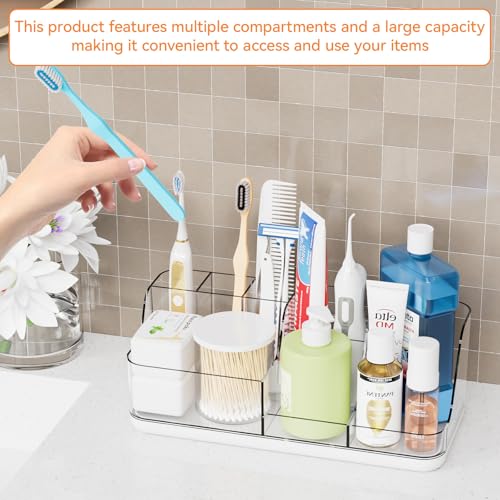 Yieach Mens Bathroom Organizer Countertop,Bathroom Sink Caddy Countertop Storage,White 7 Slot Vanity Bathroom Toiletry Organizers and Toothbrush Holders for Toothpaste,Electric Tooth Brush Organizer - color: White+clear
