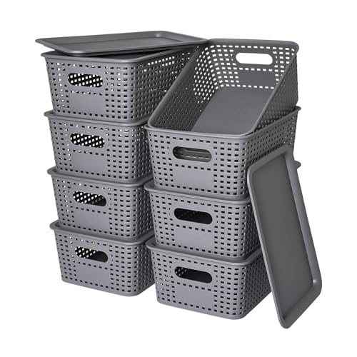 Plastic Storage Baskets with Lid-Plastic Storage Containers Stackable Storage bins: Storage Baskets for Organizing Shelves Drawers Desktop Closet Playroom Classroom Office,8 Pack-Gray10.2x7.2x4.1Inch - color: Gray