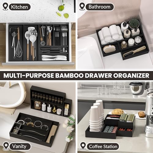 Kitchen Drawer Organizer Bins, Stackable Bamboo Drawer Organizer for Silverware, Flatware, Deep Office Desk Organizer Tray, Desktop Pen, Office Organization Black 9" x 6" x 2.5"(Set of 2) - color: Black, size: 9 x 6 x 2.5 Inch