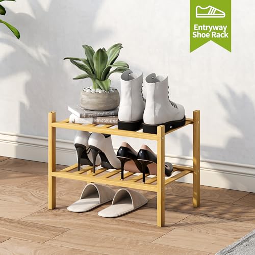 BMOSU 2-Tier Bamboo Small Shoe Rack Premium Stackable Shoe Shelf Storage Organizer for Hallway Closet Living Room Entryway Organizer (Natural Bamboo) - color: Natural Bamboo, size: Small-2-Tier（17*11*12.6inches）
