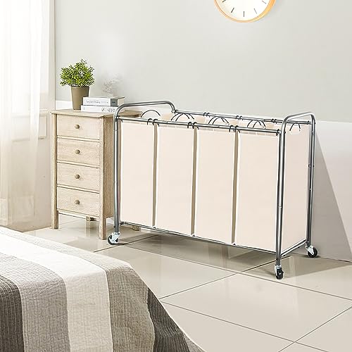 STO STO Laundry Sorter 4 Section, 4 Bag Clothes Hamper, Rolling Laundry Cart Basket with Heavy Duty Lockable Wheels and Removable Bag for Laundry Room, Bedroom, Closet, Beige - color: Beige, size: 4-Section