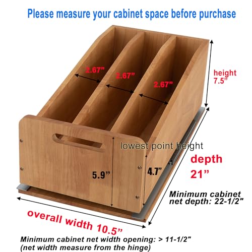 DINDON Pull Out Cabinet Organizer for Pans, Cookie Sheet, Bakeware, Cutting Board, Slide Out Kitchen Cabinet Storage Organizer Rack, 10.5''W X 21"D X 7.5"H, Wood - size: 7.5"H