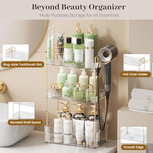 Bathroom Counter Organizer Countertop, 3 Tier Makeup Perfume Storage with Hair Dryer Rack and Toothbrush Holder, Cosmetic Tray for Vanity - Clear - color: Pearl White, size: 3 Tier-New
