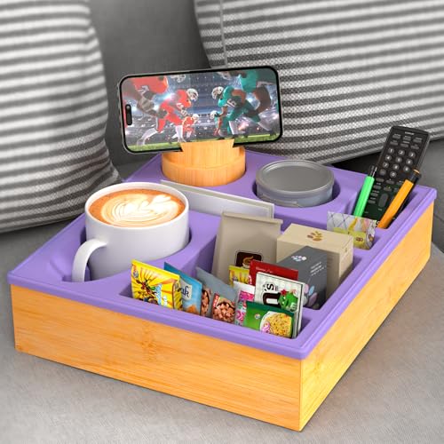 Couch Cup Holder Tray - Couch Organizer Caddy, Silicone Beach Caddy with Cup Holder, Sofa and Bed Drink Holder and Couch Tray Table for Snacks Beverage Remote (Purple) - color: Purple