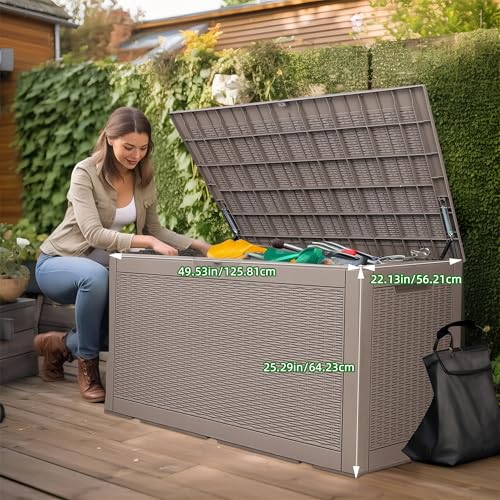 120 Gallon Outdoor Deck Box, Lockable Waterproof Outdoor Storage Boxes For Garden Tools,Indoor Cushions,Accessories Outside Storage Resin Weatherproof Container(Grey) - color: Grey, size: 120 Gallon