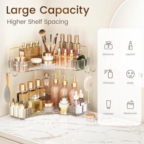 Corner Bathroom Counter Organizer 2 Tier Bathroom Organizers and Storage Countertop with Hooks Skin Care Exquisite Vanity Organizer Countertop Bathroom Storage Dresser, Kitchen-Clear - color: Clear, size: 2 Tier