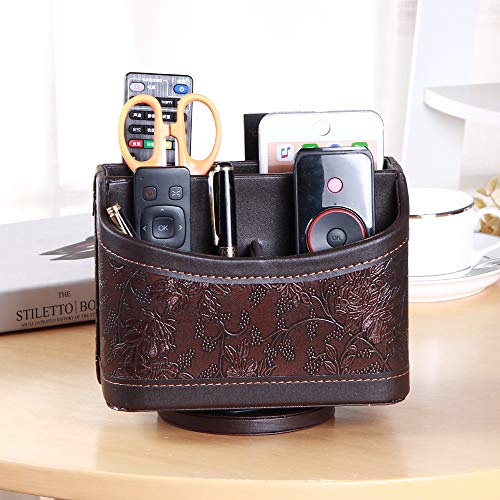 PUSU Leather 360°Rotatable Remote Control Holder,Nightstand TV Remote Caddy,Office Supplies Desktop Organizer,Spinning Storage Box for Pen,Mail,Phone,DVD, Blu-Ray, Media Player, Heater Controllers - color: 1 Retro