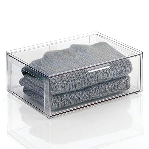 mDesign Plastic Stackable Closet Storage Organizer Bin Containers with Front Pull Drawer for Cabinet, Desk, Shelf, Cupboard, or Dresser Organization - Lumiere Collection - Clear - size: 16 x 12 x 6 (Pack of 1)