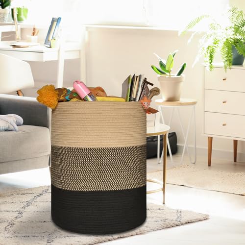COMSE Extra Large Blanket Basket, Tall Woven Storage Basket, Nursery Hamper, 15.7”x 21.7”, Cotton Rope Laundry Hamper for Toys Clothes Towels, Brown/Black - color: Brown & Black