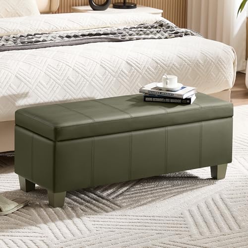 WUTUTUEE 41" Faux Leather Storage Ottoman, Stitch Tufted Rectangle Upholstered End of Bed Storage Bench, Entryway Large Couch Ottoman with Wooden Legs,Green - color: Green, size: 41 Inch