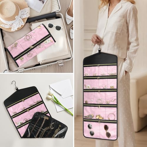 CHICECO Travel Jewelry Holder Organizer,Hanging Jewelry Organizer Storage with Zippered Pockets for Cloest,Jewelry Holder for Earrings, Necklaces (Pink Black) - color: Pink Black