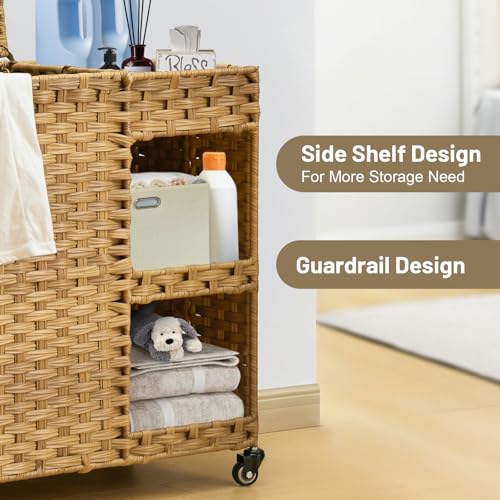 Laundry Hamper with Wheels, 42.3 Gal.(160 L) Laundry Sorter with Shelves, Rattan Clothes Hamper with 4 Removable Liners & 3 Mesh Bags, Handwoven Organizer for bedroom, bathroom, laundry room, Natural - color: Natural