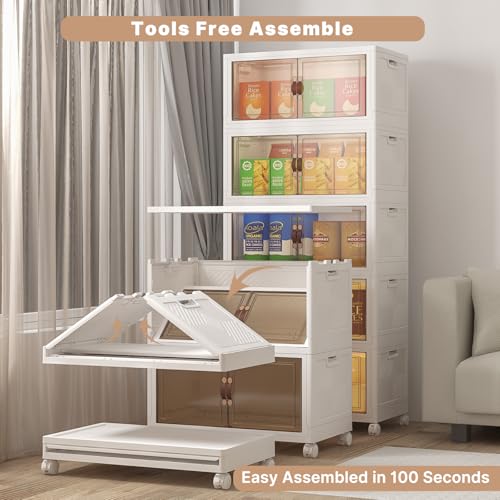 UAMFURI Extra Large Stackable Storage Bins with Lids & Wheels, 600QT-120QT/30GAL*5Pack Foldable Collapsible Closet Organizers Storage Cabinet with Doors for Bedroom Dorm - color: white, size: 5PACK-25"W16"D72"H