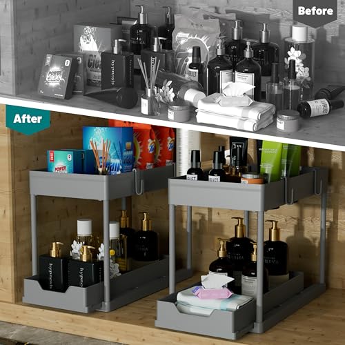 DEKAVA Under Sink Organizer 2 Pack，Bathroom Cabinet Organizer，2 Tier Sliding Cabinet Basket Organizer Drawer, Multi-Purpose Bath Collection Baskets for Bathroom (Grey) - color: Grey