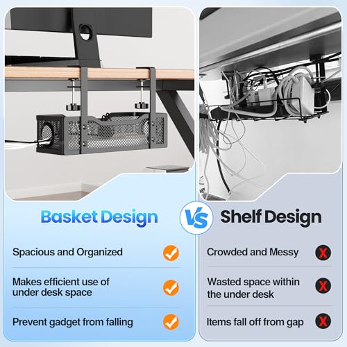 Cable Management Under Desk Tray, No Drill Cable Management Box With Clamp for Wire Organization, Cord Organizer for Office, Home - No Damage to Desk (Black) - color: Black