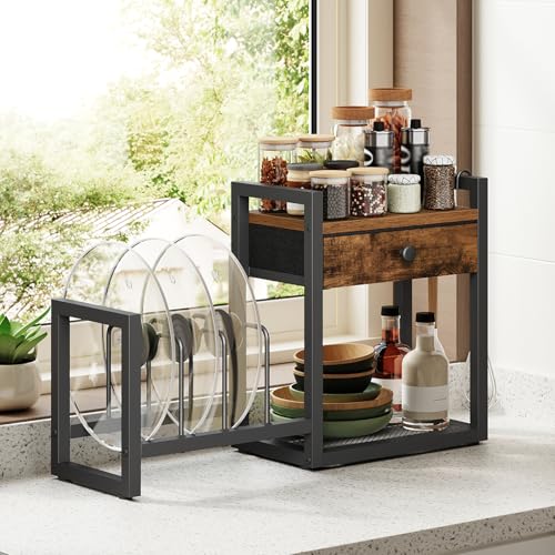 MAHANCRIS Countertop Shelf Organizer, Pots and Pans Organizer Rack, Pot Lid Holder with 1 Drawer, Pot Lid Organizer Holder with 2 Hooks, for Kitchen, Dining Room, Rustic Brown POHR2201 - color: Rustic Brown and Black