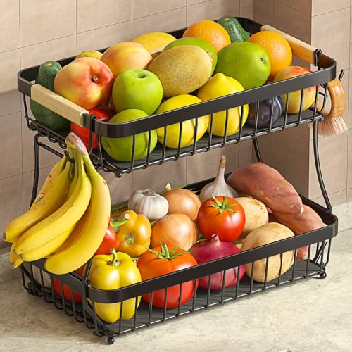 Sevenblue 2 Tier Large Fruit Basket for Kitchen Counter with 2 Mobile Banana Hangers, 2026 Pro Detachable Metal Fruit Bowl with Wooden Handle, Fruit Holder for Bread Snack Veggies with Protective Mats - color: Black, size: 2 Tier
