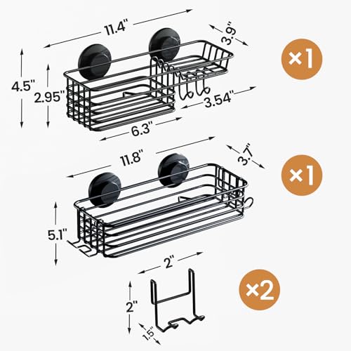 LEVERLOC Shower Caddy Suction Cup, 2 Pack Shower Shelves for Inside Shower with Hooks & Soap Holder, NO-Drilling Bathroom Shower Organizer, Rustproof Meatl Shower Holder Storage, Black - color: Black, size: 1 Medium & 1 Large