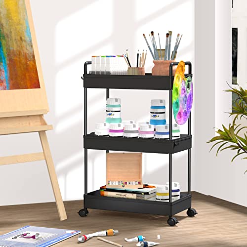 SOLEJAZZ 3 Tier Rolling Storage Cart with Wheels Slim Craft Nail Makeup Snack Art Baby Utility Cart Organizer on 2 Lockable Wheels for Bathroom Laundry Room Kitchen Bedside Narrow Spaces, Black - color: Black, size: 3-Tier, 8.66"D
