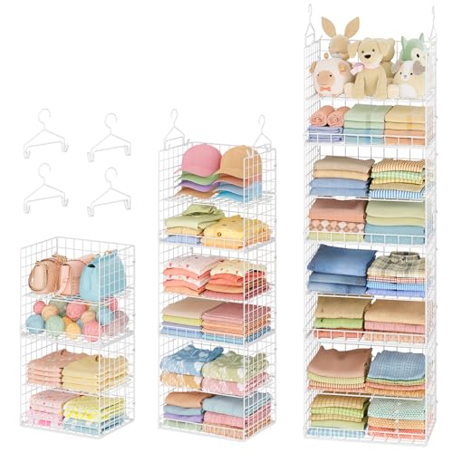8 Tier Extended Width Hanging Closet Organizer, Sweater Storage for Closet Organizer System, Stackable Wire Basket Bins for Clothes Purse Shoes, Hanging Shelves with 4 Hooks & 4 Dividers Adjustable