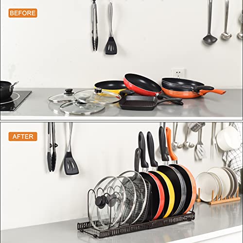 Toplife Pots and Pans Organizer Rack for Cabinet and Countertop, 10+ Pot Lids, Bakeware and Cookware Organizer Rack Holder with 10 Adjustable Compartments - Brown - color: Brown, size: Pot & Pan Organizer