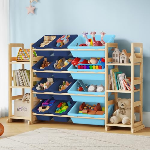 EXPERLAM Extra Large Toy Storage - Toy Storage Organizer, Wooden Toy Organizer with 6 Side Shelves and 12 Bins, 3-in-1 Bookshelf for Kids Rooms, Bedroom, Playroom, Nursery, Blue - color: Blue, size: 52 inches (L) x 11 inches (W) x 31.5 inches (H)