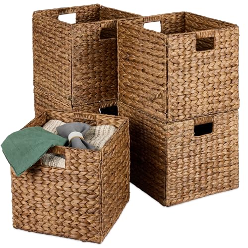 Best Choice Products 13x13in Pack of 5 Cube Storage Baskets, Water Hyacinth Multipurpose Collapsible Organizers, Handwoven Laundry Totes for Laundry, Living Room, Kids Room & Nursery - Chestnut - color: Chestnut, size: 13x13in