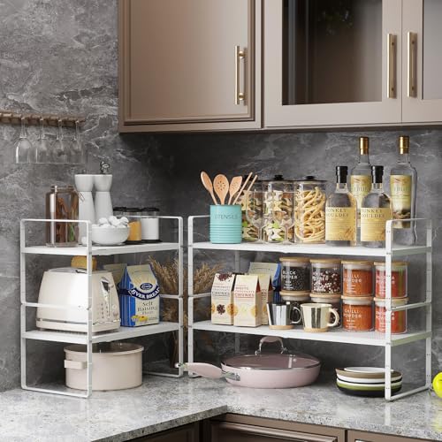 16.5~27.1" Expandable Shelf Organizer, 2Pack 8.1" Wide Stackable Cabinet Shelf Organizers, White Metal Sturdy Kitchen Counter Storage for Countertop, Adjustable Height Spice Rack - color: White, size: 2Pack-8''W-Holeless