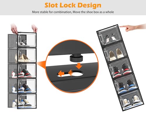 HOMIDEC Shoe Storage, 12 Pack Shoe Organizer for Closet, Shoe Boxes Clear Plastic Stackable Shoe Containers with Lids for Size 13 - color: Black, size: XL