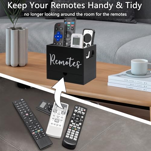 Remote Control Holder, 2 Slot TV Remote Holder& Desk Organizer with Drawers, Remote Organizer Caddy for Table, Wooden Remote Box for Nightstand,Media Storage Box for Living Room, Bed (Black) - color: Black-2 Slot