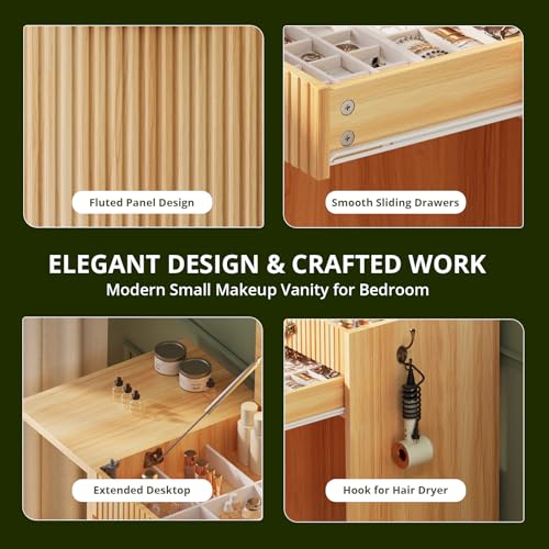 FURSUN 3-in-1 Vanity with Flip Mirror & Lights, Fluted Compact Vanity Table with 3 Drawers, Storage Compartment and Rolling Stool, Modern Small Makeup Vanity for Bedroom, Powder Room, Natural Oak - size: 15.7"D x 18.2"W x 46.9"H, style: Natural Oak