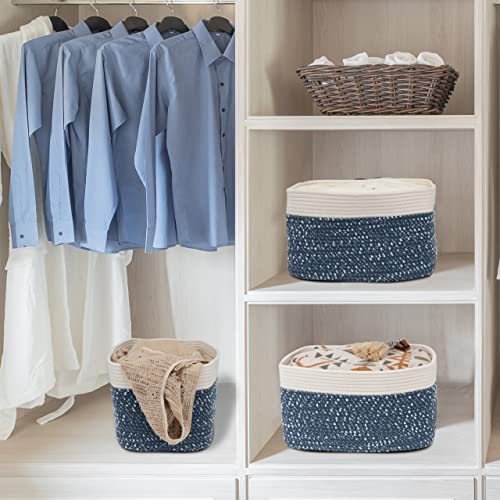 XUANGUO White and Blue Cotton Rope storage Basket Bins Woven Basket for Organizing Shelves 15X10X9.3“ Rectangle Decorative Baskets For storage Books Towels Wicker Nursery basket organizer Set of 3 - color: blue and white