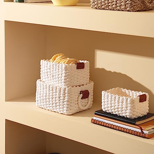LA JOLIE MUSE Woven Storage Baskets for Organizing, Recycled Paper Rope Basket Bin Divider for Makeup Towel Shelf Cupboards Drawer Closet Dresser, Decorative White Storage Basket Set of 3 - color: White