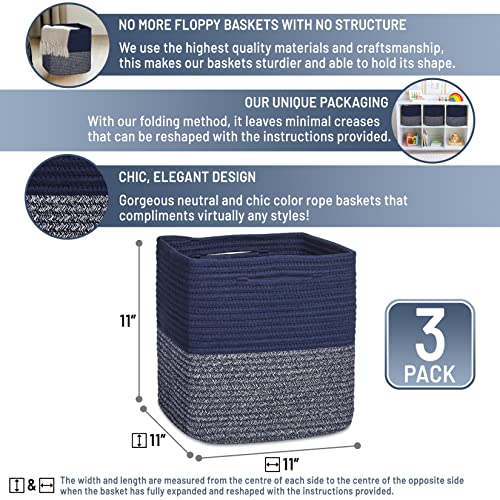 NaturalCozy Storage Cubes 11 Inch Cotton Rope Woven Baskets for Organizing, 3-Pack | Cube Storage Bin | Square Storage Baskets for Shelves Organizer, Classroom, Kids Toy Bins, Closet, Baby Nursery - color: Dark Blue & Mixed Dark Blue